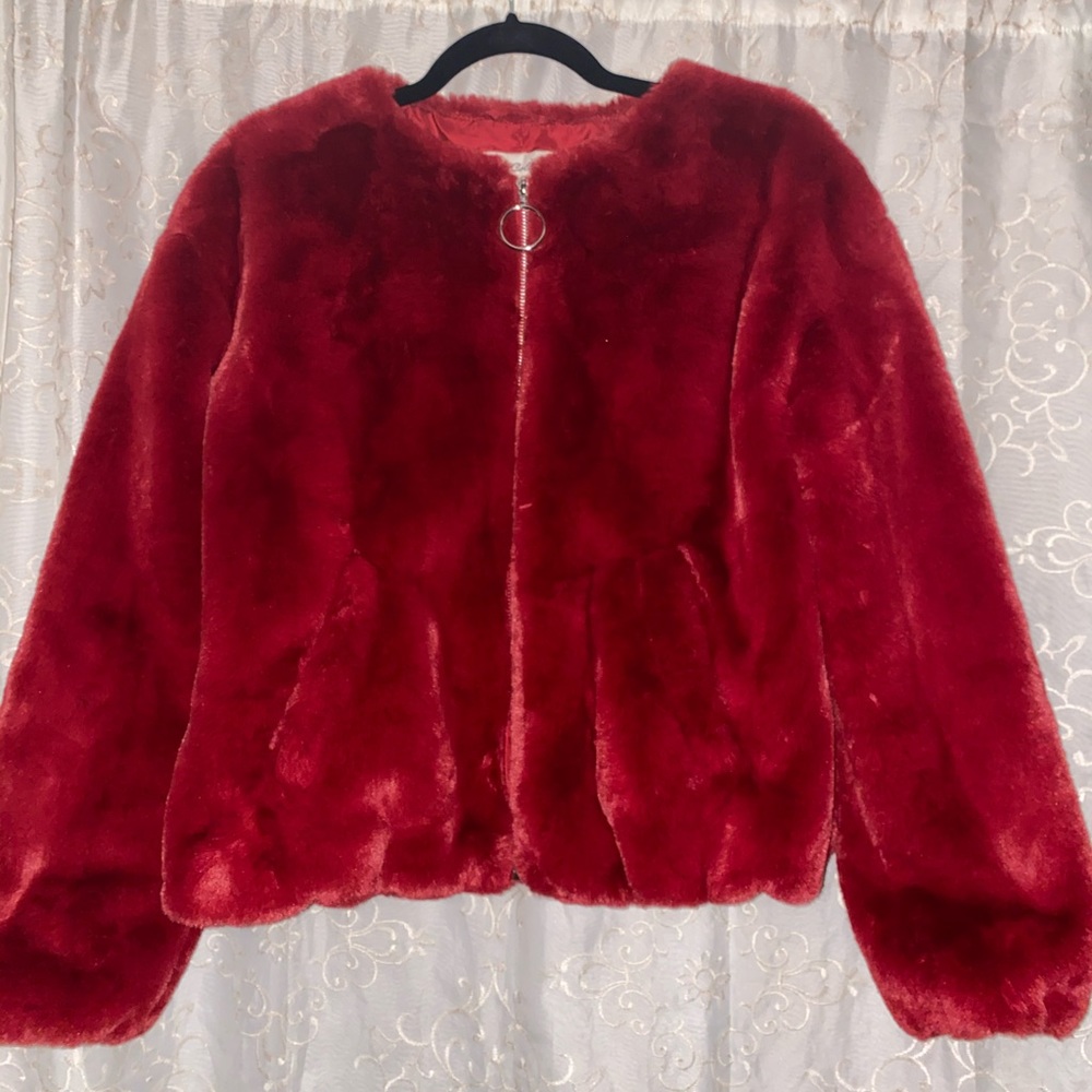 Red faux fur bomber jacket